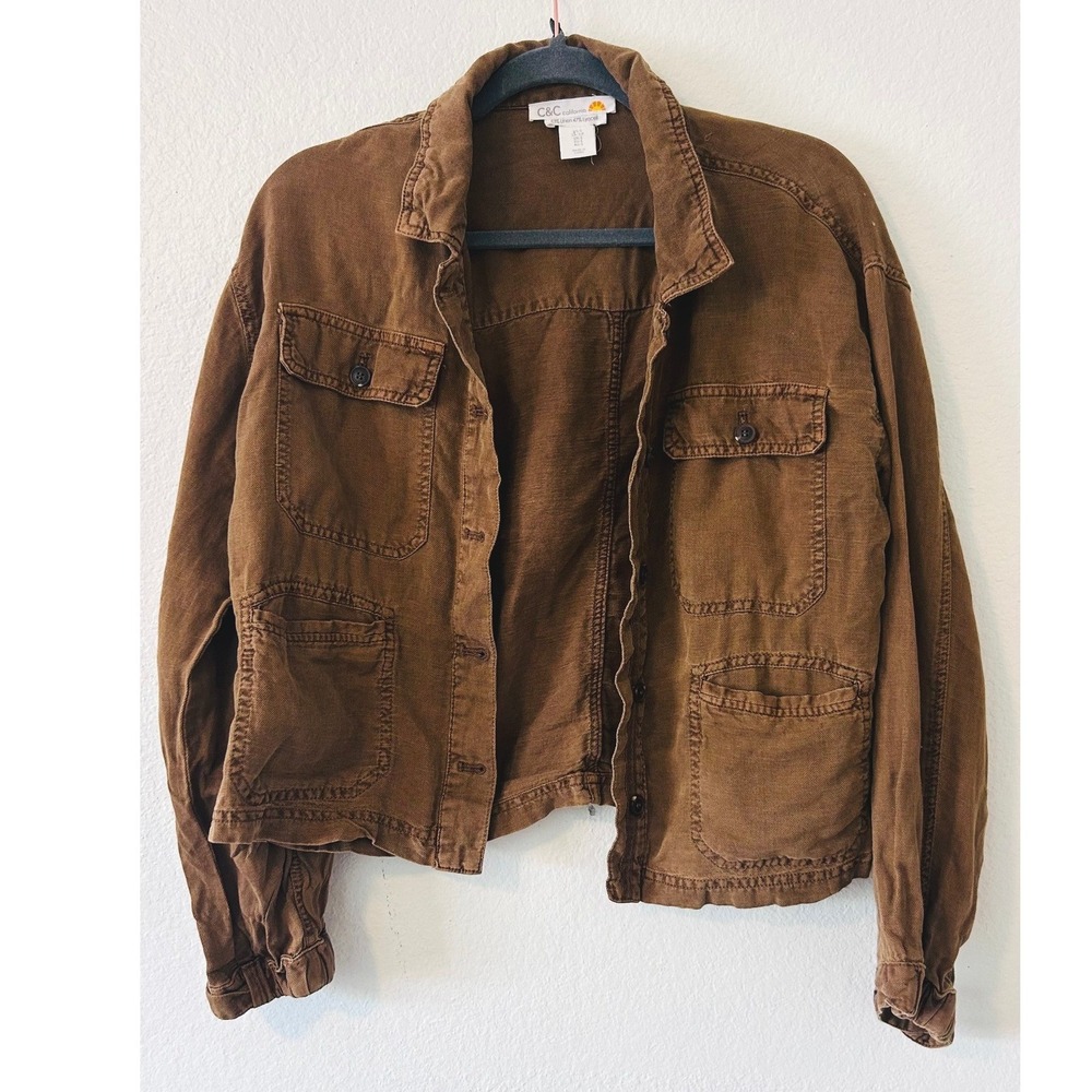 C&C California Brown Linen Blend Utility Boho Jacket SZ Small Chore Coat